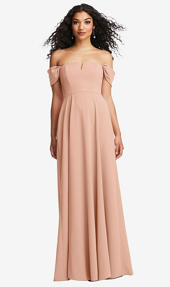 Front View - Pale Peach Off-the-Shoulder Pleated Cap Sleeve A-line Maxi Dress