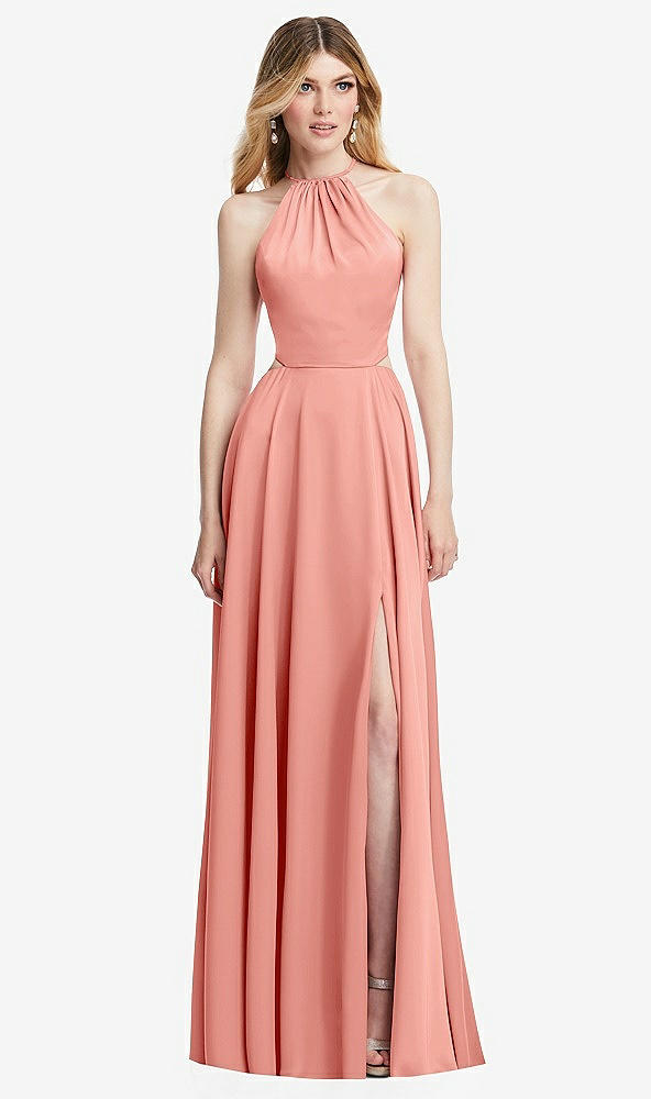 Front View - Rose Halter Cross-Strap Gathered Tie-Back Cutout Maxi Dress