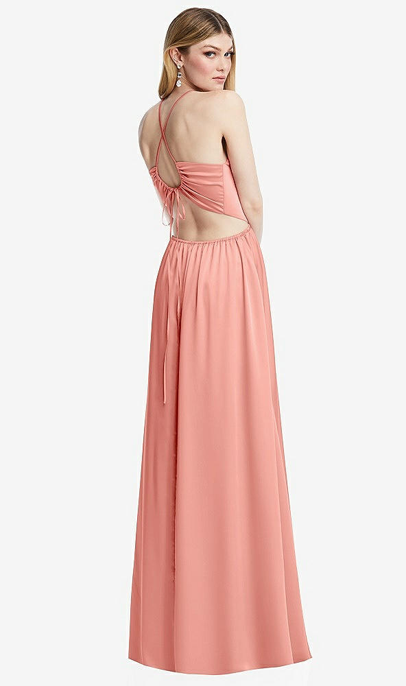 Back View - Rose Halter Cross-Strap Gathered Tie-Back Cutout Maxi Dress