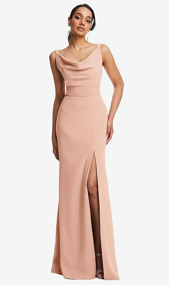 Front View - Pale Peach Cowl-Neck Wide Strap Crepe Trumpet Gown with Front Slit