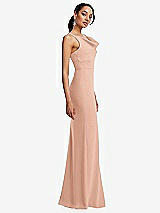 Side View Thumbnail - Pale Peach Cowl-Neck Wide Strap Crepe Trumpet Gown with Front Slit