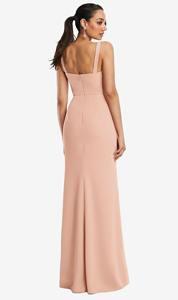 Back View - Pale Peach Cowl-Neck Wide Strap Crepe Trumpet Gown with Front Slit