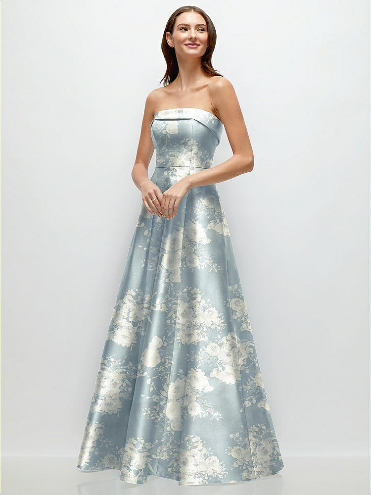 Strapless Bustier A-line Floral Satin Bridesmaid Dress With