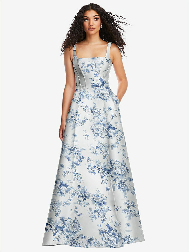 Floral Lace-up Back Bustier Satin Bridesmaid Dress With Full