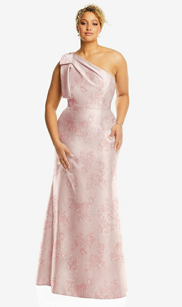 Front View - Bow And Blossom Print Bow One-Shoulder Floral Satin Trumpet Gown