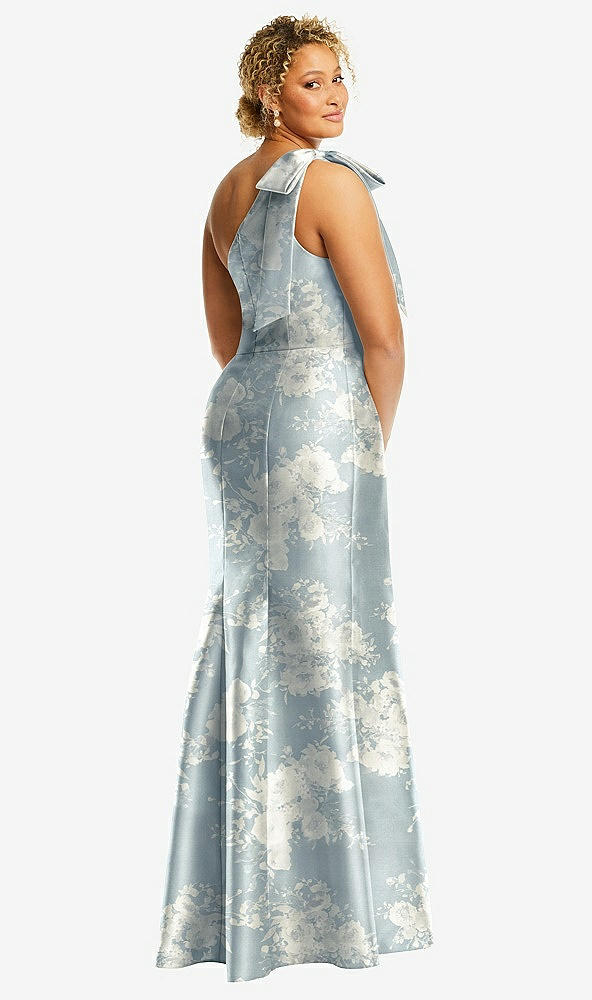 Back View - Porcelain Blue Seraphina Floral Bow One-Shoulder Floral Satin Trumpet Gown