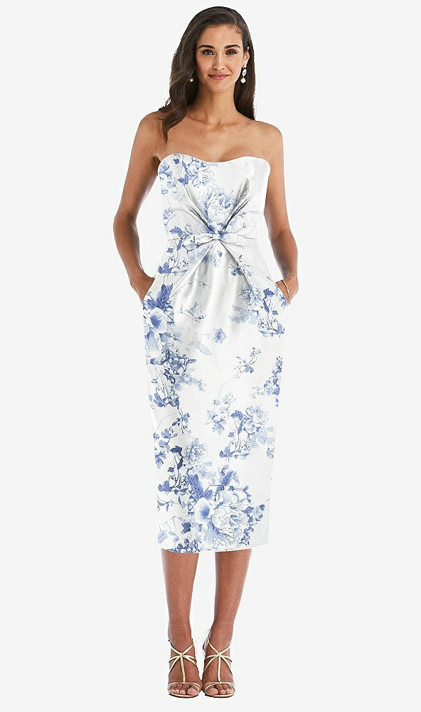 Front View - Cottage Rose Larkspur Strapless Bow-Waist Pleated Floral Satin Pencil Dress with Pockets