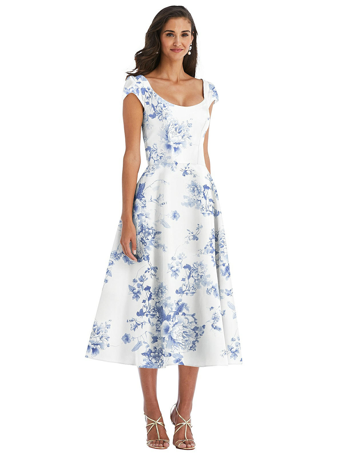 Puff Cap Sleeve Full Skirt Floral Satin Midi Bridesmaid
