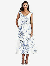 Front View Thumbnail - Cottage Rose Larkspur Off-the-Shoulder Draped Wrap Floral Satin Midi Dress with Pockets