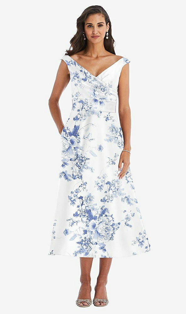 Front View - Cottage Rose Larkspur Off-the-Shoulder Draped Wrap Floral Satin Midi Dress with Pockets