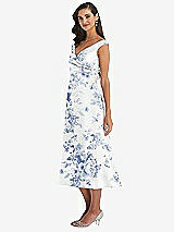 Side View Thumbnail - Cottage Rose Larkspur Off-the-Shoulder Draped Wrap Floral Satin Midi Dress with Pockets