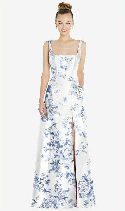 Sleeveless Square-neck Princess Line Floral Bridesmaid Dress