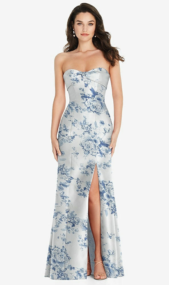 Front View - Cottage Rose Larkspur Bow Cuff Strapless Floral Princess Waist Trumpet Gown