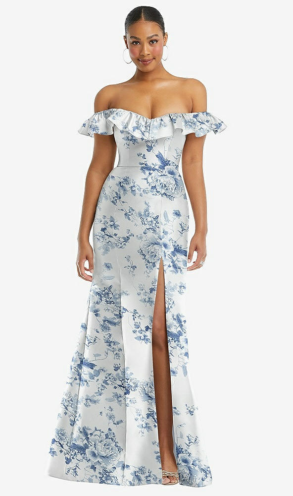 Front View - Cottage Rose Larkspur Off-the-Shoulder Ruffle Neck Floral Satin Trumpet Gown