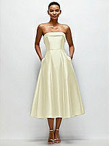 Front View Thumbnail - Butter Yellow Cuffed Strapless Satin Twill Midi Dress with Full Skirt and Pockets
