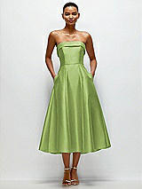 Front View Thumbnail - Mojito Cuffed Strapless Satin Twill Midi Dress with Full Skirt and Pockets
