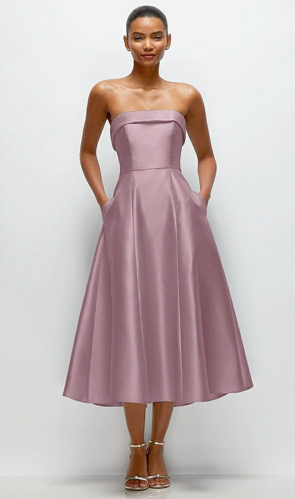 Front View - Dusty Rose Cuffed Strapless Satin Twill Midi Dress with Full Skirt and Pockets