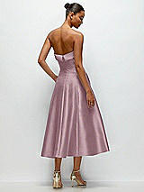 Side View Thumbnail - Dusty Rose Cuffed Strapless Satin Twill Midi Dress with Full Skirt and Pockets