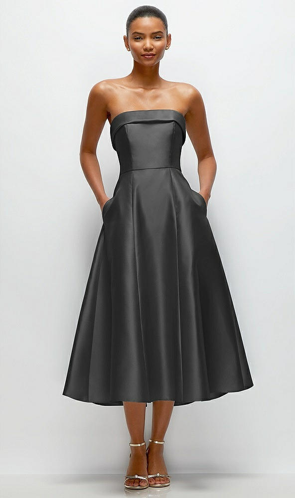 Front View - Pewter Cuffed Strapless Satin Twill Midi Dress with Full Skirt and Pockets