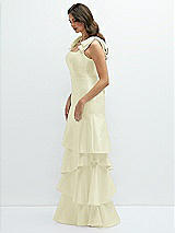 Front View Thumbnail - Butter Yellow Bow-Shoulder Satin Maxi Dress with Asymmetrical Tiered Skirt