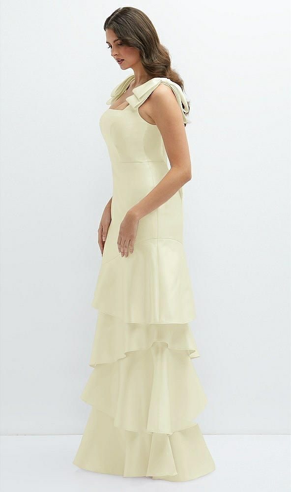 Front View - Butter Yellow Bow-Shoulder Satin Maxi Dress with Asymmetrical Tiered Skirt
