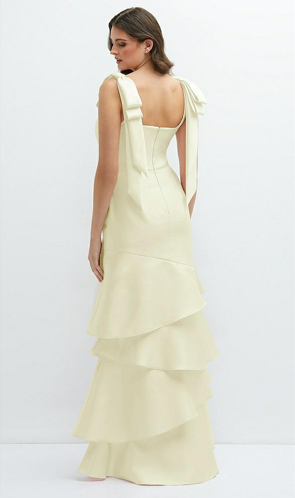 Back View - Butter Yellow Bow-Shoulder Satin Maxi Dress with Asymmetrical Tiered Skirt