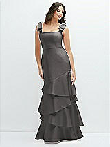 Side View Thumbnail - Caviar Gray Bow-Shoulder Satin Maxi Dress with Asymmetrical Tiered Skirt
