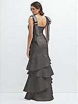 Rear View Thumbnail - Caviar Gray Bow-Shoulder Satin Maxi Dress with Asymmetrical Tiered Skirt