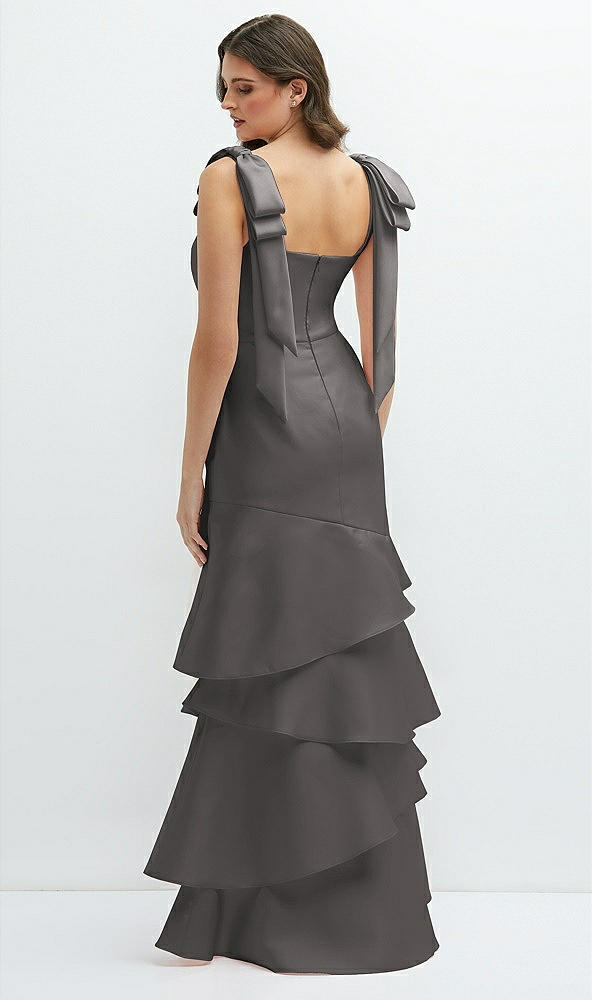 Back View - Caviar Gray Bow-Shoulder Satin Maxi Dress with Asymmetrical Tiered Skirt
