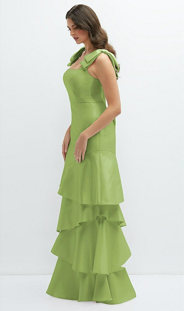 Front View - Mojito Bow-Shoulder Satin Maxi Dress with Asymmetrical Tiered Skirt