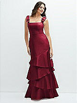 Side View Thumbnail - Burgundy Bow-Shoulder Satin Maxi Dress with Asymmetrical Tiered Skirt