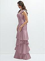 Front View Thumbnail - Dusty Rose Bow-Shoulder Satin Maxi Dress with Asymmetrical Tiered Skirt