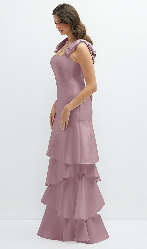 Front View - Dusty Rose Bow-Shoulder Satin Maxi Dress with Asymmetrical Tiered Skirt