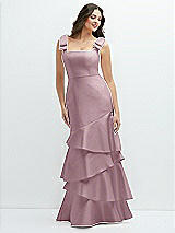 Side View Thumbnail - Dusty Rose Bow-Shoulder Satin Maxi Dress with Asymmetrical Tiered Skirt
