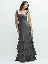 Side View Thumbnail - Gunmetal Bow-Shoulder Satin Maxi Dress with Asymmetrical Tiered Skirt
