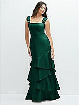 Side View Thumbnail - Hunter Green Bow-Shoulder Satin Maxi Dress with Asymmetrical Tiered Skirt