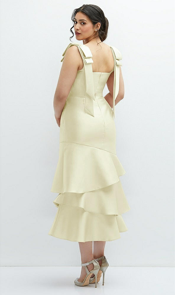 Front View - Butter Yellow Bow-Shoulder Satin Midi Dress with Asymmetrical Tiered Skirt