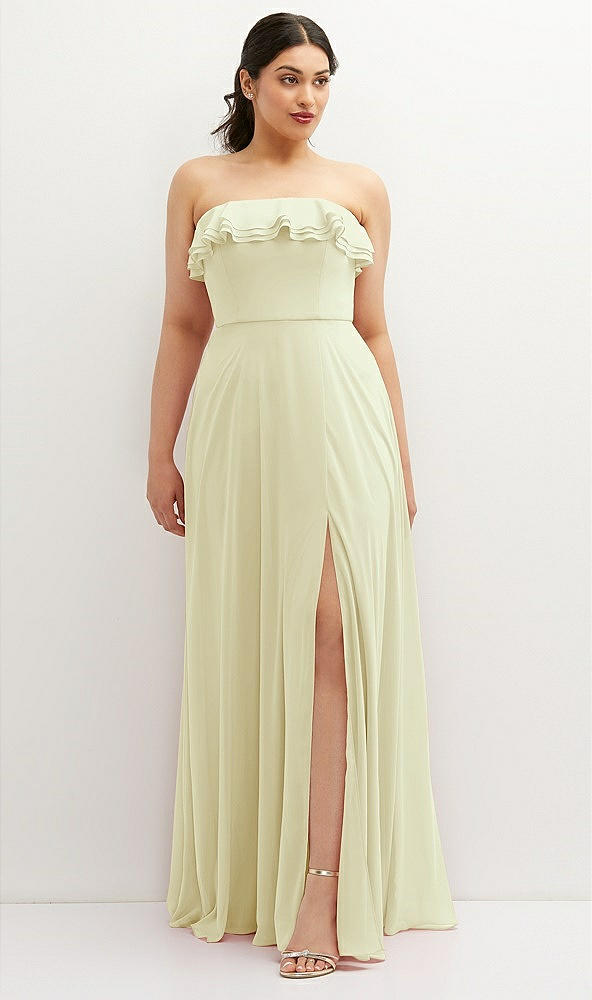 Front View - Butter Yellow Tiered Ruffle Neck Strapless Maxi Dress with Front Slit