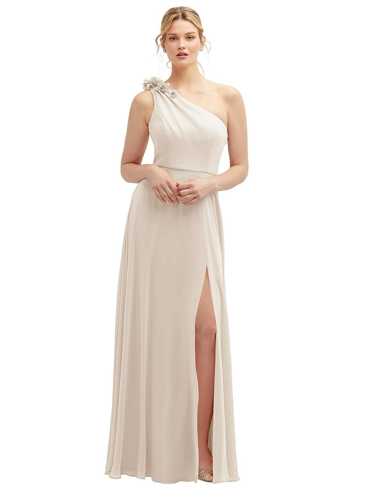 Handworked Flower Trimmed One-shoulder Chiffon Maxi Handworked Flower Trimmed One-shoulder Chiffon Maxi
