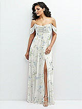 Front View Thumbnail - Bleu Garden Chiffon Corset Maxi Dress with Removable Off-the-Shoulder Swags