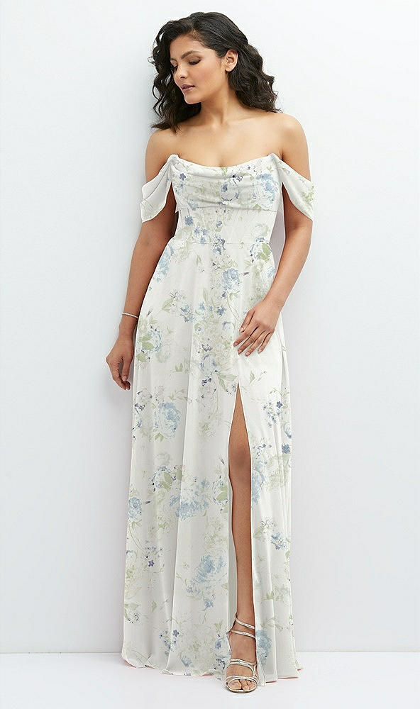 Front View - Bleu Garden Chiffon Corset Maxi Dress with Removable Off-the-Shoulder Swags