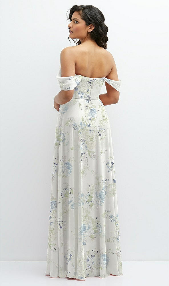 Back View - Bleu Garden Chiffon Corset Maxi Dress with Removable Off-the-Shoulder Swags