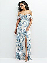 Front View Thumbnail - Cottage Rose Dusk Blue Chiffon Corset Maxi Dress with Removable Off-the-Shoulder Swags