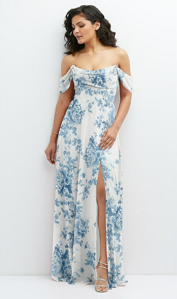 Front View - Cottage Rose Dusk Blue Chiffon Corset Maxi Dress with Removable Off-the-Shoulder Swags