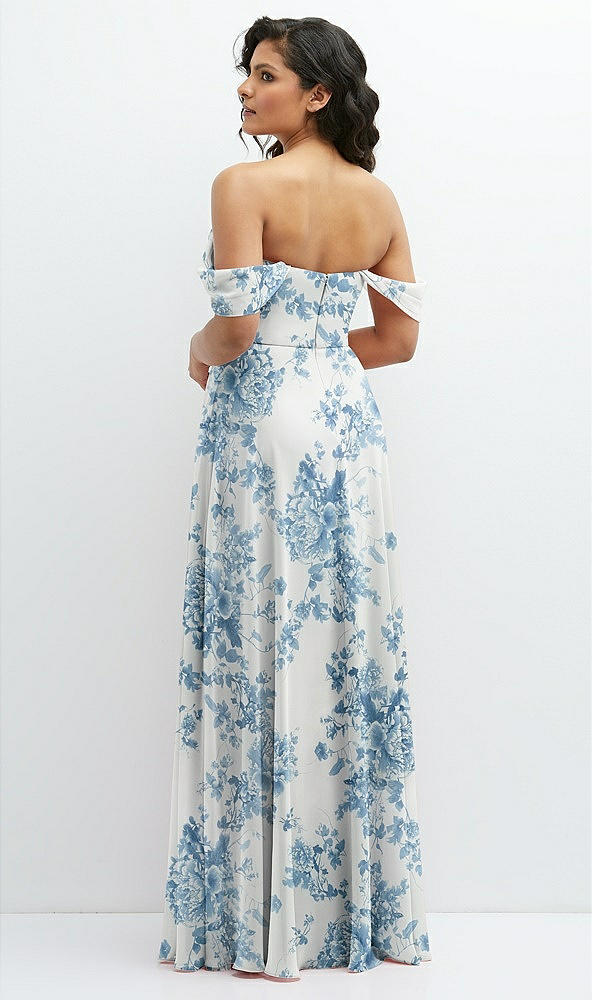 Back View - Cottage Rose Dusk Blue Chiffon Corset Maxi Dress with Removable Off-the-Shoulder Swags