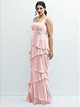 Side View Thumbnail - Ballet Pink Asymmetrical Tiered Ruffle Chiffon Maxi Dress with Handworked Flowers Detail