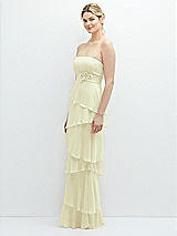 Side View Thumbnail - Butter Yellow Strapless Asymmetrical Tiered Ruffle Chiffon Maxi Dress with Handworked Flower Detail