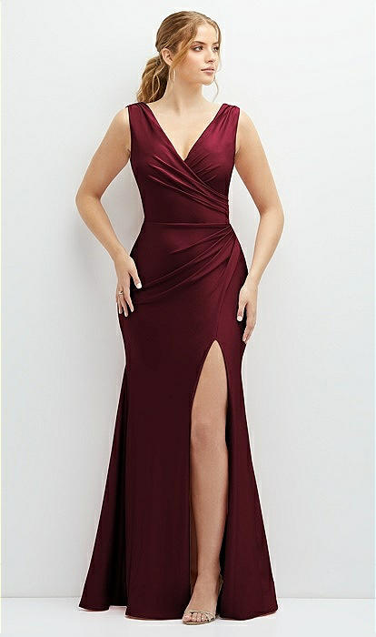 Draped Wrap Stretch Satin Mermaid Bridesmaid Dress With