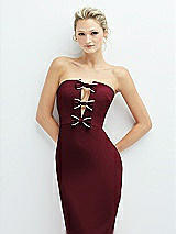 Alt View 1 Thumbnail - Cabernet Rhinestone Bow Trimmed Peek-a-Boo Deep-V Midi Dress with Pencil Skirt