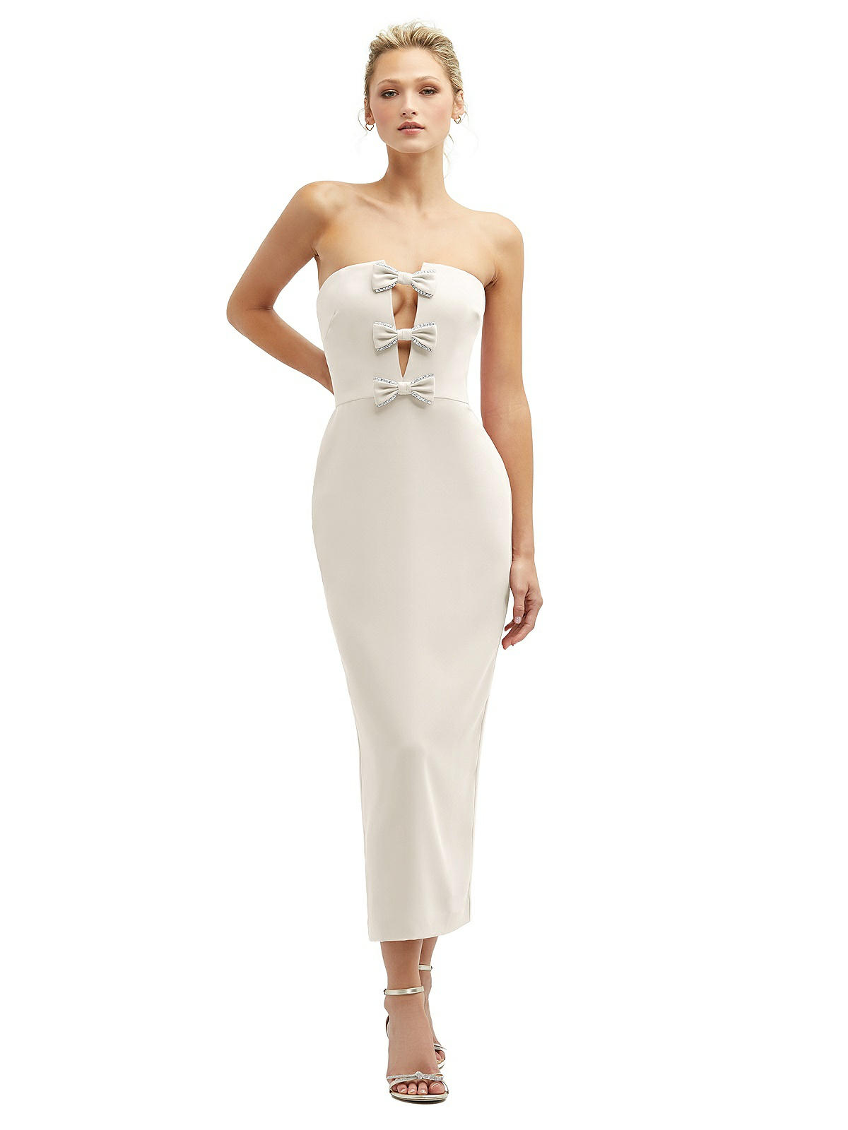 Rhinestone Bow Trimmed Peek-a-boo Deep-v Midi Bridesmaid